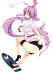  amami_amayu animal_ears blush bunny_ears fishnet_legwear fishnets from_behind long_hair looking_back necktie oekaki purple_hair red_eyes red_neckwear reisen_udongein_inaba solo tail thighhighs touhou 