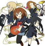  akiyama_mio band bass bass_guitar brown_hair drum drum_set drums eyes_closed guitar hairband hime_cut hirasawa_yui instrument ixy k-on! keyboard kotobuki_tsumugi les_paul long_hair multiple_girls musical_note pantyhose school_uniform synthesizer tainaka_ritsu wink 