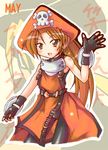  blush brown_eyes brown_hair character_name dress fingerless_gloves gloves guilty_gear hat kamashi long_hair may_(guilty_gear) orange_dress orange_hat orange_shirt pantyhose pirate pirate_hat ponytail shirt skull_and_crossbones solo standing 