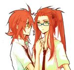 alternate_hairstyle asch glasses green_eyes hair_ornament hairclip long_hair lowres luke_fon_fabre male_focus multiple_boys necktie open_clothes ponytail red_hair tales_of_(series) tales_of_the_abyss white_background xd_(daisuke2008) 