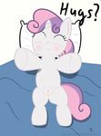  blush clitoris cub cutie_mark_crusaders equine eyes_closed female friendship_is_magic fur hair hi_res hooves horn hug kinkycelestia lying mammal my_little_pony navel nipples on_back on_bed presenting pussy smile solo sweetie_belle sweetie_belle_(mlp) teats text two_tone_hair unicorn white_fur young 