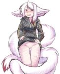  2018 animal_humanoid blush bottomless cat_humanoid clothed clothing crayon_(artwork) feline female flashing fluffy fur hair hi_res hoodie humanoid long_tail mammal matemi multicolored_hair open_mouth pink_eyes pussy red_fur red_hair silver_soul simple_background traditional_media_(artwork) two_tone_hair white_background white_fur white_hair zipper 