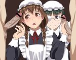  2girls apron braid brown_eyes brown_hair censored d: glasses green_hair half_opaque_glasses handjob hetero maid maid-chou_(maoyuu) maid_ane_(maoyuu) maid_apron maid_cap maoyuu_maou_yuusha multiple_boys multiple_girls multiple_penises opaque_glasses open_mouth penis puge smile testicles twin_braids 