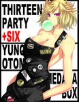  bad_id bad_pixiv_id banned_artist blonde_hair breasts bubble_blowing chewing_gum cleavage hands_in_pockets highres large_breasts medaka_box naked_overalls overalls pink_eyes pins s_tanly short_hair sideboob yunomae_otome 