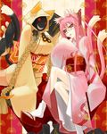  animal_ears bell blazblue blonde_hair blush braid breasts cat_ears cat_tail crossed_legs cup flat_chest glasses hair_ornament hair_over_shoulder hair_ribbon hair_stick hood japanese_clothes kimono kokonoe large_breasts long_hair mask multiple_girls multiple_tails noco obi pince-nez pink_hair ponytail red_eyes ribbon sakazuki sandals sash semi-rimless_eyewear sitting slit_pupils tabi tail taokaka twin_braids twintails under-rim_eyewear very_long_hair yellow_eyes 