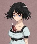  between_breasts black_hair blue_eyes bottle breasts dr_pepper looking_down maro_nie shiina_mayuri short_hair solo steins;gate 