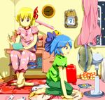  barefoot blonde_hair blue_eyes blue_hair book bow brown_eyes calendar_(object) carpet chair cirno clock controller curtains desk electric_fan fan fan_speaking game_controller gamepad handheld_game_console hello_kitty indoors kneeling lamp multiple_girls mushroom nintendo_ds pajamas playing_games product_placement profile ribbon rumia ruu_(tksymkw) sitting star touhou window 