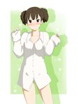  absurdres bad_id bad_pixiv_id blush brown_eyes brown_hair dress_shirt highres k-on! musical_note niwatazumi no_pants pinching_sleeves shirt short_hair short_twintails sleeves_past_wrists solo standing suzuki_jun twintails 