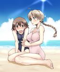  bare_shoulders barefoot beach blue_eyes blush braid breast_envy brown_eyes brown_hair collarbone day drooling feet hands legs looking_at_breasts lynette_bishop miyafuji_yoshika multiple_girls one-piece_swimsuit open_mouth outdoors saliva satou_atsuki school_swimsuit single_braid sitting staring strike_witches sweat swimsuit water world_witches_series 