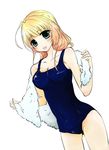  aqua_eyes blonde_hair dutch_angle highres hoshiko_(hoshimoe) long_hair one-piece_swimsuit original school_swimsuit solo swimsuit towel 