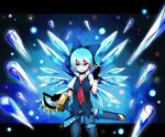  adapted_costume bad_id bad_pixiv_id blue_eyes blue_hair bow cirno fingerless_gloves gloves hair_bow highres ice kona_sleipnir necktie short_hair solo sword touhou weapon wings 