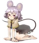  :&lt; all_fours animal_ears barefoot full_body grey_hair hands kneeling masha mouse_ears mouse_tail nazrin purple_eyes purple_hair red_eyes simple_background solo tail touhou 