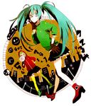  ami7 aqua_eyes aqua_hair bad_id bad_pixiv_id gloves green_hair gumi hatsune_miku headphones hood hoodie legs long_hair matryoshka_(vocaloid) megaphone multicolored multicolored_eyes multiple_girls skirt smile thighhighs twintails vocaloid 