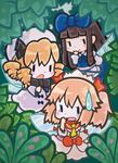  blonde_hair blue_ribbon blurry chibi chikuwabu covering_mouth depth_of_field fairy hair_ribbon hand_over_own_mouth hat highres luna_child multiple_girls open_mouth plant ribbon smile smirk star_sapphire sunny_milk sweatdrop touhou tree wings 