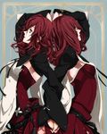  arched_back back-to-back devola green_eyes holding_hands kmikan multiple_girls nier nier_(series) popola profile red_hair ribbon siblings sisters twins 