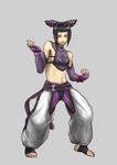  baggy_pants bare_shoulders barefoot black_hair detached_sleeves drill_hair dudou feet fingerless_gloves gloves halter_top halterneck han_juri korosuke1 navel pants solo street_fighter street_fighter_iv_(series) toeless_legwear twin_drills 