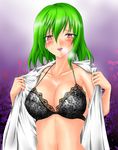  black_bra blush body_blush bra breasts cleavage collarbone dress_shirt gradient gradient_background green_hair kazami_yuuka lace lace-trimmed_bra large_breasts licking_lips lingerie open_clothes open_shirt red_eyes shirt short_hair solo sweat tongue tongue_out touhou underwear undressing yamamoto_arifred 