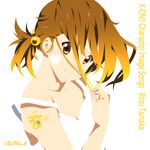  album_cover bad_id bad_pixiv_id breasts brown_eyes brown_hair cleavage cover hair_bobbles hair_ornament hair_tousle heart k-on! nanao_(mahaya) simple_background small_breasts smile solo tainaka_ritsu upper_body 