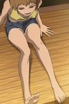  barefoot breasts covered_nipples denim denim_shorts downblouse feet haruyama_kazunori kuroki_ami legs long_legs seikimatsu_occult_gakuin shorts sitting small_breasts solo toes 