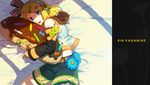  :p blonde_hair blue_eyes digital_media_player flower from_above hair_ornament hair_ribbon hairclip headphones kagamine_rin kiritachi lying on_side pillow ribbon shorts smile solo tongue tongue_out vocaloid 