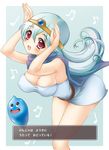  aqua_hair arms_up bent_over breasts cape circlet cleavage covered_nipples dancing dragon_quest dragon_quest_iii kichijou_agata large_breasts long_hair musical_note red_eyes sage_(dq3) skirt slime_(dragon_quest) solo 