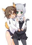  animal_ears brown_eyes green_eyes grey_hair hug miyafuji_yoshika multiple_girls no_pants pantyhose sanya_v_litvyak sora_to_umi strike_witches swimsuit swimsuit_under_clothes tail world_witches_series 