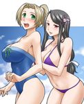  bare_shoulders bikini black_hair blonde_hair blue_swimsuit blush breasts cleavage cloud day fingernails from_side green_eyes hair_ornament hair_ribbon hand_on_back hazel_(rune_factory) huge_breasts jewelry large_breasts legs long_hair looking_at_another looking_back low-tied_long_hair maeda_sengoku mature multiple_girls nail_polish navel one-piece_swimsuit open_mouth pink_nails purple_bikini red_eyes ribbon ring rune_factory rune_factory_3 shinonome_(rune_factory) short_hair short_ponytail sidelocks sky smile strap_gap strapless strapless_swimsuit sweat swimsuit thighs wedding_band 