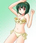  arm_up bikini frilled_bikini frills front-tie_top green_background green_hair hairband halftone halftone_background headset idolmaster idolmaster_(classic) mole mole_under_mouth navel otonashi_kotori red_eyes short_hair side-tie_bikini solo swimsuit utomo 