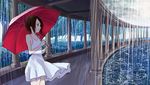  bare_shoulders brown_hair colonnade day dress holding kaeru_(kaerism) original outdoors profile rain red_eyes scenery short_hair smile solo tree umbrella water white_dress 