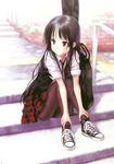  akiyama_mio black_eyes black_hair black_legwear blush goto_p guitar_case highres image_sample instrument_case k-on! long_hair necktie pantyhose plaid plaid_skirt shoes sitting sitting_on_stairs skirt sneakers solo stairs yandere_sample 