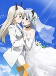  animal_ears bad_id bad_pixiv_id bare_shoulders blonde_hair blue_eyes blush bridal_veil bride cat_ears couple dress eila_ilmatar_juutilainen elbow_gloves eye_contact flower formal fox_ears gloves green_eyes groom holding_hands long_hair looking_at_another multiple_girls necktie pant_suit pantyhose sanya_v_litvyak short_hair silver_hair smile strike_witches striker_unit suit tears veil wedding wedding_dress white_legwear wife_and_wife world_witches_series youkan yuri 