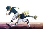  baseball_base baseball_helmet baseball_mitt baseball_uniform blonde_hair clothes_writing helmet hirasawa_yui k-on! kotobuki_tsumugi multiple_girls running shakeda_mamoshirou sleeves_rolled_up softball softball_uniform sportswear 