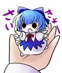  blue_hair blush_stickers bow chibi cirno dress fang hair_bow hands in_palm o_o out_of_frame pov pov_hands short_hair solo_focus touhou translated wings yume_shokunin 
