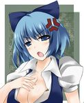  anger_vein blue_eyes blue_hair bow breasts cirno cleavage cube_(circussion) hair_bow large_breasts older short_hair solo touhou 