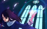  bad_id bad_pixiv_id blue_eyes brown_hair church fire flame kara_no_kyoukai kokutou_azaka long_hair school_uniform solo toramaru wallpaper window 