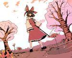  ascot bobby_socks bow brown_hair cherry_blossoms detached_sleeves flower from_below hair_bow hakurei_reimu highres perspective sky socks solo spider_lily standing touhou tree yokohachi 