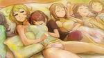  6066 antenna_hair bad_id bad_pixiv_id black_hair blonde_hair breasts brown_hair camisole closed_eyes futami_ami futami_mami hagiwara_yukiho hidaka_ai hoshii_miki idolmaster idolmaster_(classic) idolmaster_dearly_stars lying medium_breasts multiple_girls on_back open_mouth panties pillow short_hair siblings sleeping smile twins underwear 