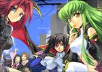  3girls arm_around_neck ashford_academy_uniform black_hair blue_eyes breasts brown_hair c.c. cape circlet code_geass cravat creayus detached_sleeves eating green_hair group_picture kallen_stadtfeld lelouch_lamperouge long_hair medium_breasts multiple_boys multiple_girls order_of_the_black_knights_uniform purple_eyes red_hair rolo_lamperouge salute short_hair smile sumeragi_kaguya thighhighs vest yellow_eyes 