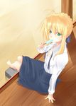  ahoge arm_support artoria_pendragon_(all) barefoot blonde_hair breasts downblouse fate/stay_night fate_(series) food green_eyes hair_ribbon highres ice_cream looking_at_viewer mayura_90 open_clothes open_shirt popsicle porch ribbon saber shirt sitting skirt small_breasts solo veranda 