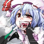  bat_wings blue_hair brushing_teeth face fangs finger_in_another's_mouth finger_in_mouth hands hat leash mouth_pull red_eyes remilia_scarlet saliva saliva_trail sexually_suggestive short_hair solo tears teeth toothbrush touhou uvula vampire wakie wings 