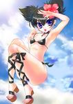  absurdres ankle_lace-up bikini black_hair blue_eyes cross-laced_footwear flower hibiscus highres kuromi kurumi_nui onegai_my_melody open_toe_shoes platform_footwear ponmi shoes short_hair short_twintails solo swimsuit twintails 