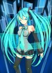  aqua_eyes aqua_hair detached_sleeves hatsune_miku headset highres long_hair naoya10050630 necktie skirt solo thighhighs twintails very_long_hair vocaloid 