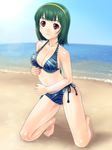  barefoot beach bikini breasts cleavage day green_hair hairband idolmaster idolmaster_(classic) kneeling lens_flare medium_breasts mole mole_under_mouth muhi11234 ocean otonashi_kotori outdoors red_eyes short_hair side-tie_bikini solo swimsuit water 