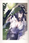  absurdres belt black_eyes black_hair breasts buckle buttons cleavage collarbone dress_shirt fingernails freckles hamutz_meseta highres large_breasts lips long_hair maeshima_shigeki open_clothes open_shirt shirt solo tatakau_shisho 