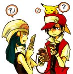  1girl ? bad_id bad_pixiv_id baseball_cap beanie black_hair blue_hair failure game_boy gameplay_mechanics gen_1_pokemon handheld_game_console hat hikari_(pokemon) link_cable long_hair mekabu_(tomato324) nintendo_ds pikachu pokemon pokemon_(creature) pokemon_(game) pokemon_dppt pokemon_rgby red_(pokemon) red_(pokemon_rgby) short_hair spoken_question_mark technical_difficulties 