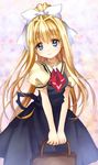  air bag blonde_hair blue_eyes dress highres kamio_misuzu long_hair mauve ponytail ribbon smile solo v_arms 