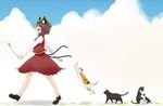  animal_ears bow brown_hair cat cat_ears cat_tail cattail chen earrings hat jewelry jumping multiple_tails plant rin_mokkomoko short_hair skirt smile solo tail touhou walking 