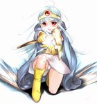  blue_hair boots cape circlet dragon_quest dragon_quest_iii gloves magic meineko one_knee panties pantyshot pantyshot_(one_knee) red_eyes sage_(dq3) skirt solo staff underwear 