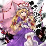  blonde_hair elbow_gloves eyes fan gap gloves hands hat lolikari long_hair md5_mismatch nanarinca one_eye_closed purple_eyes solo thighhighs touhou umbrella white_gloves white_legwear yakumo_yukari younger 