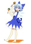  :d barefoot blue_eyes blue_hair blush_stickers bow cirno feet hair_bow instrument maracas open_mouth short_hair smile solo touhou uro wings 